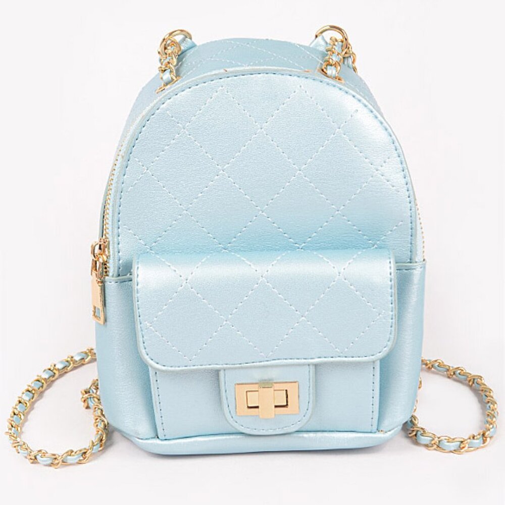 Quilted Puffer Backpack in Shiny Sky / Baby Blue W/ Gold Rope Straps - NWT